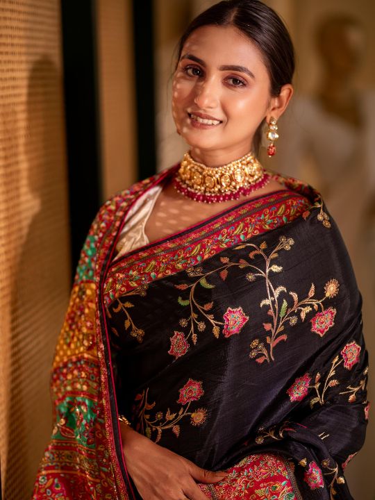 Black Silk Saree with Multicolor Resham & Zari Embroidered Border