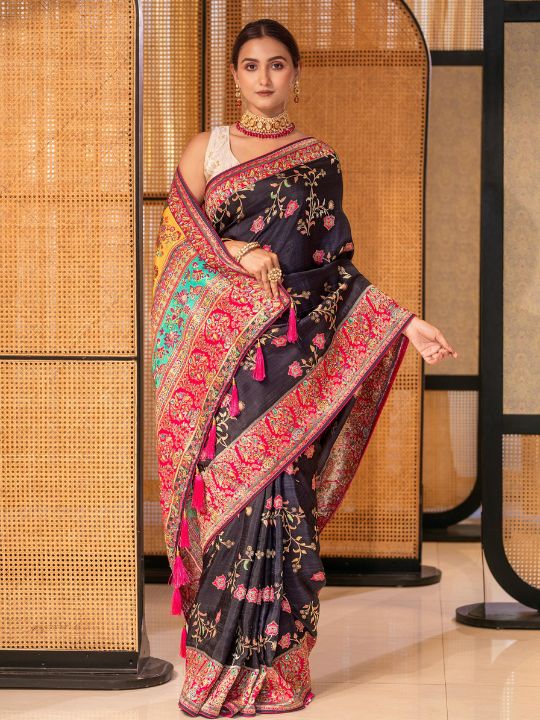 Black Silk Saree with Multicolor Resham & Zari Embroidered Border