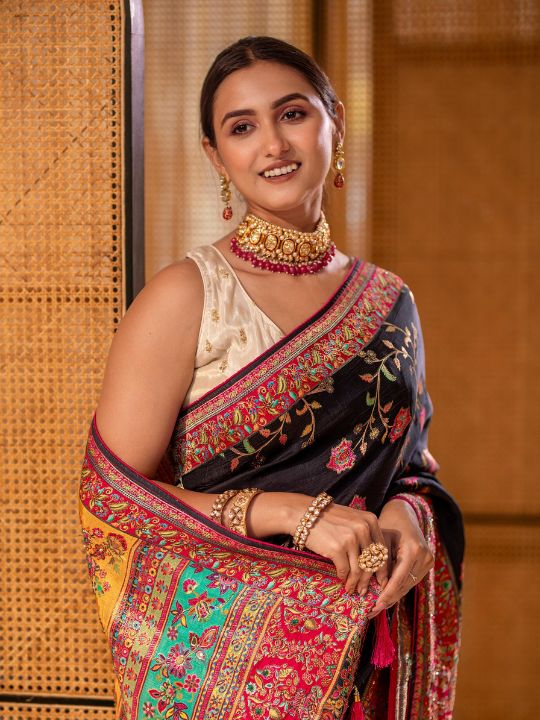 Black Silk Saree with Multicolor Resham & Zari Embroidered Border