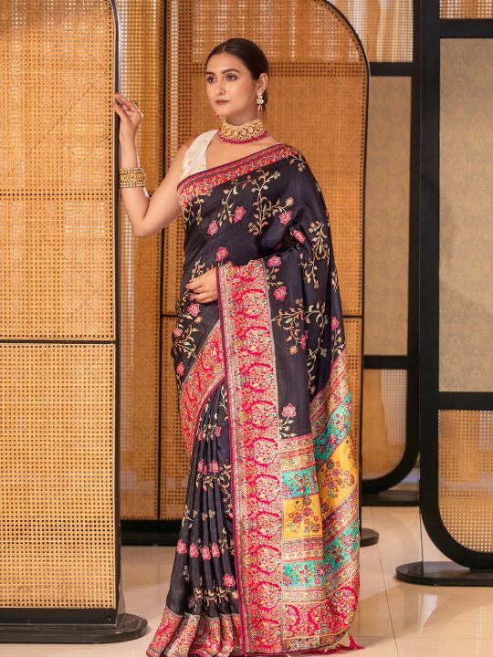 Black Silk Saree with Multicolor Resham & Zari Embroidered Border