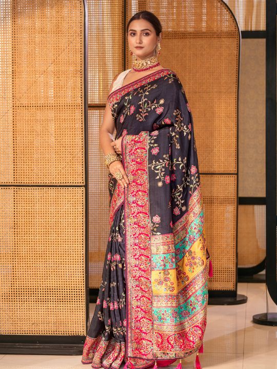 Black Silk Saree with Multicolor Resham & Zari Embroidered Border