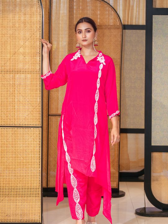 Hot Pink Cotton Kurta Set – Asymmetric Hem with Embroidered Detailing