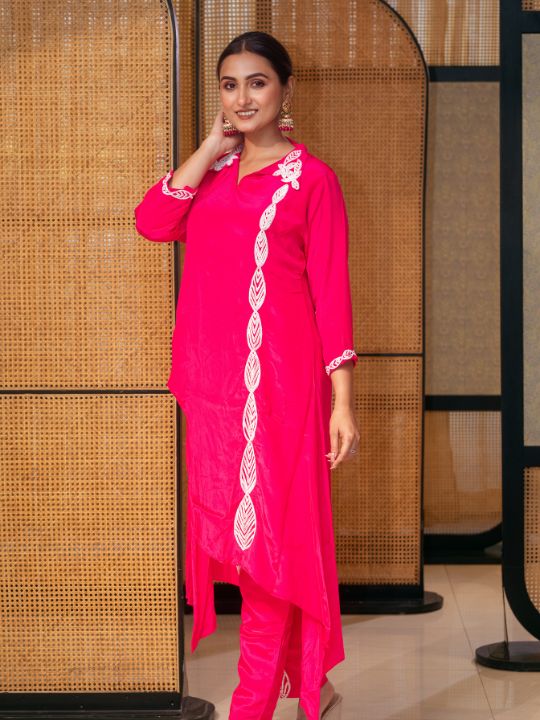 Hot Pink Cotton Kurta Set – Asymmetric Hem with Embroidered Detailing