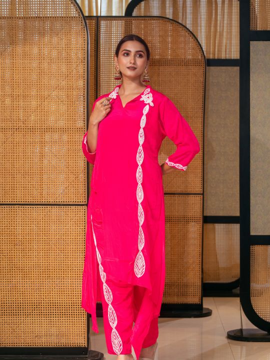 Hot Pink Cotton Kurta Set – Asymmetric Hem with Embroidered Detailing