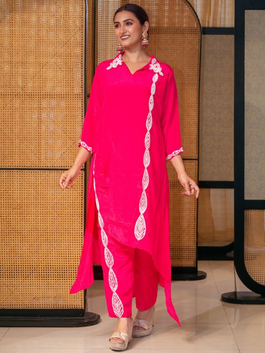 Hot Pink Cotton Kurta Set – Asymmetric Hem with Embroidered Detailing