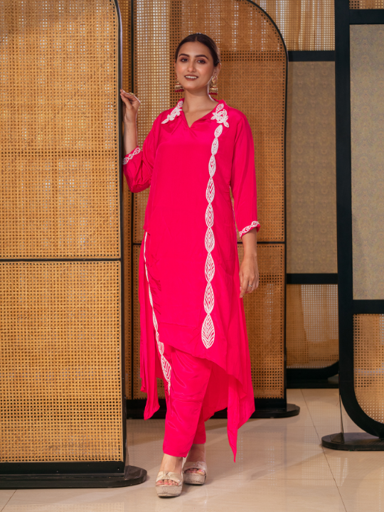 Hot Pink Cotton Kurta Set – Asymmetric Hem with Embroidered Detailing